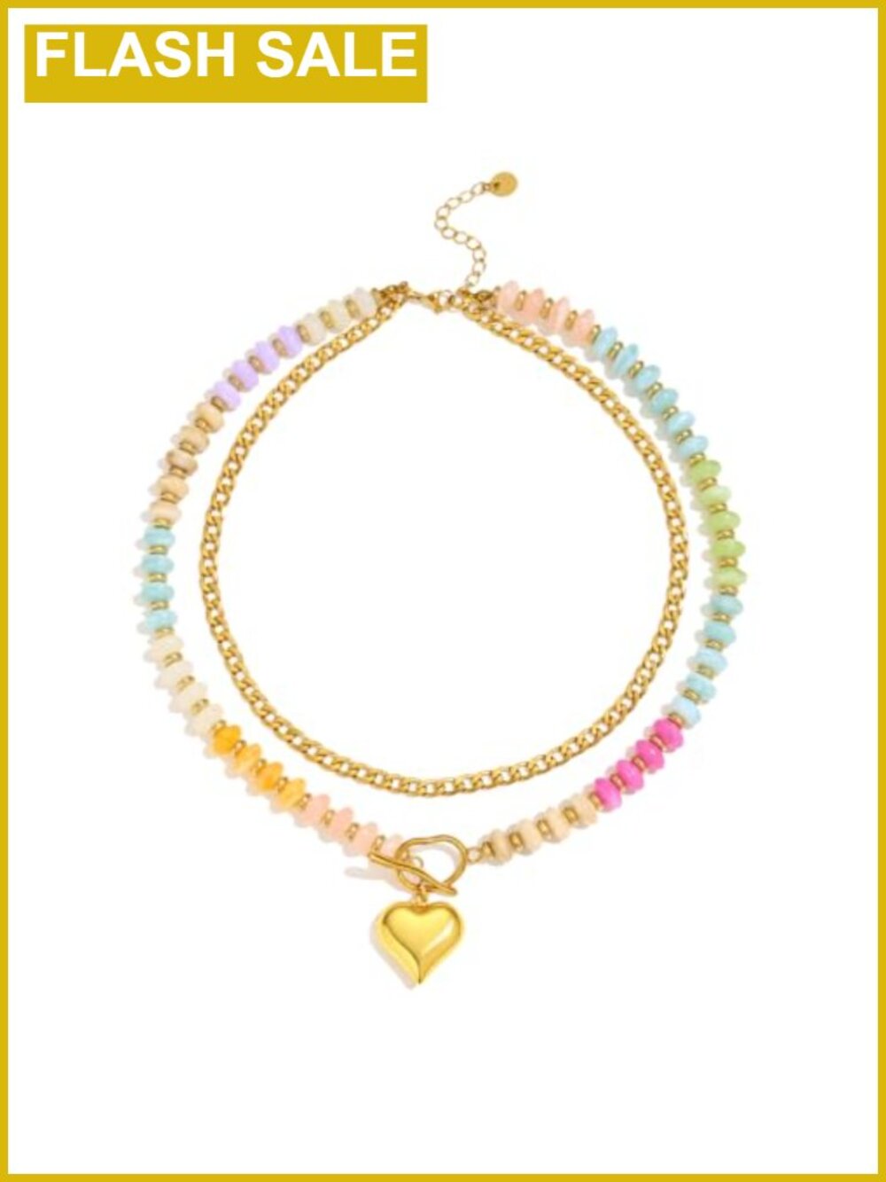 Beaded Layered Necklace 18k Gold Plated Heart Pendant Choker Women Summer